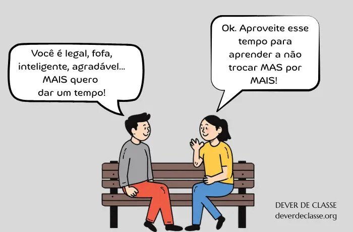Aprenda a usar "mais" e "mas" para não passar vergonha na hora de terminar um namoro. Arte: Dever de Classe.