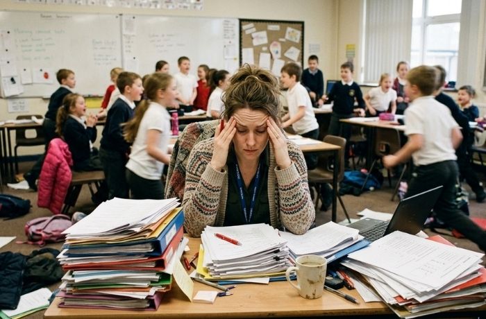 Além de jornada dupla e, em muitos casos, até tripla nas escolas, professores ainda têm de levar uma pilha de trabalho para casa. Foto/reprodução.
